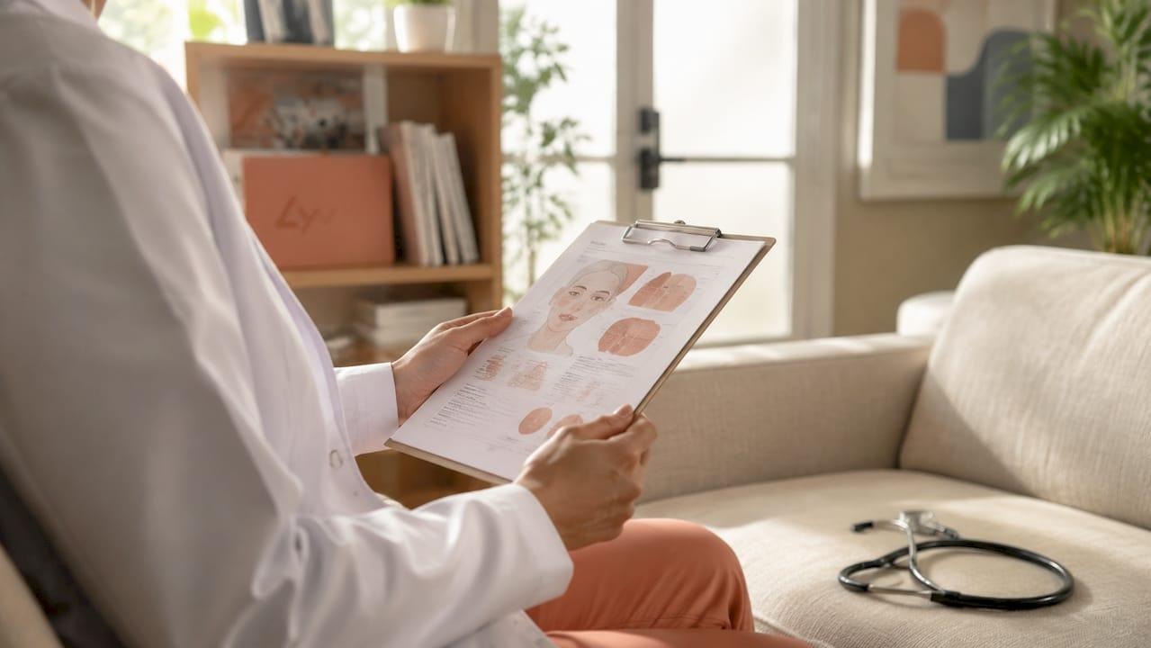 Healthcare professional reviewing a patient's skin condition and medical information during a consultation - lyv
