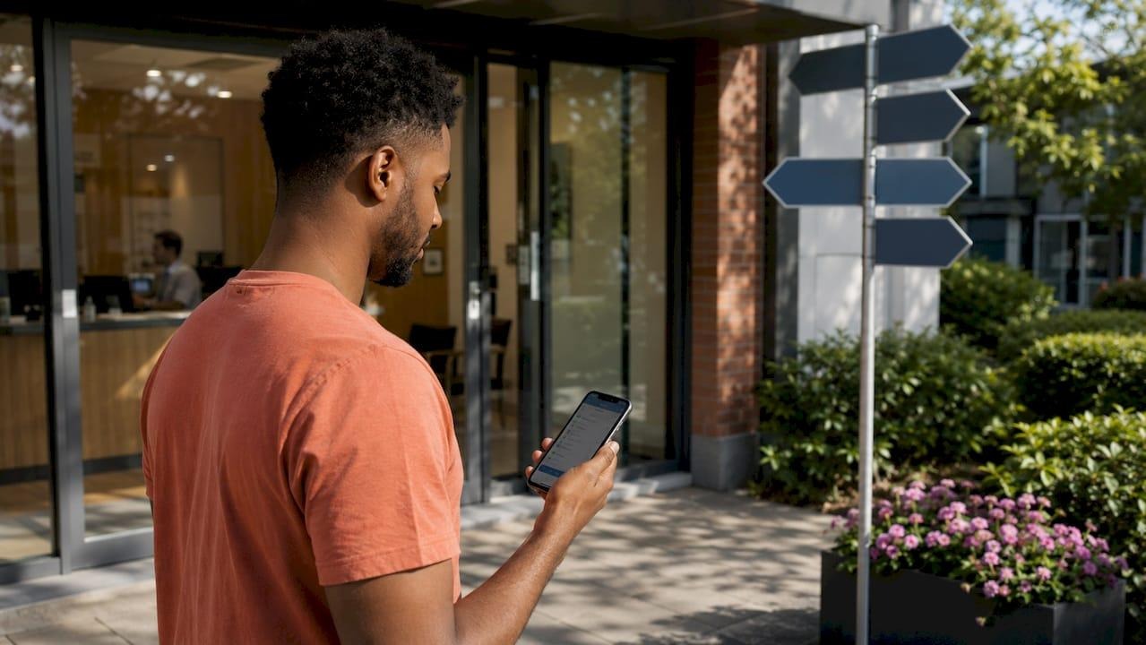 Man using a smartphone outside a modern building near directional signs and landscaped flower beds - lyv pharmacy