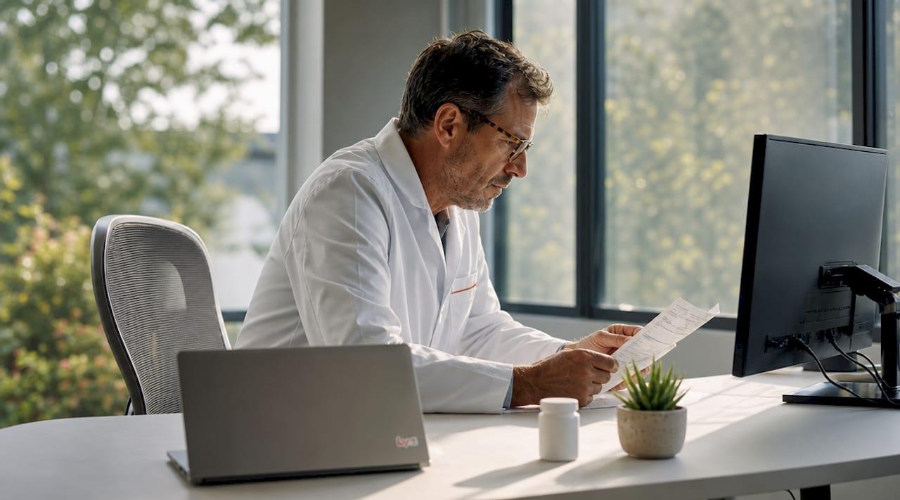 Man working at a desk, reviewing a document beside a laptop and computer monitor in a bright modern office.